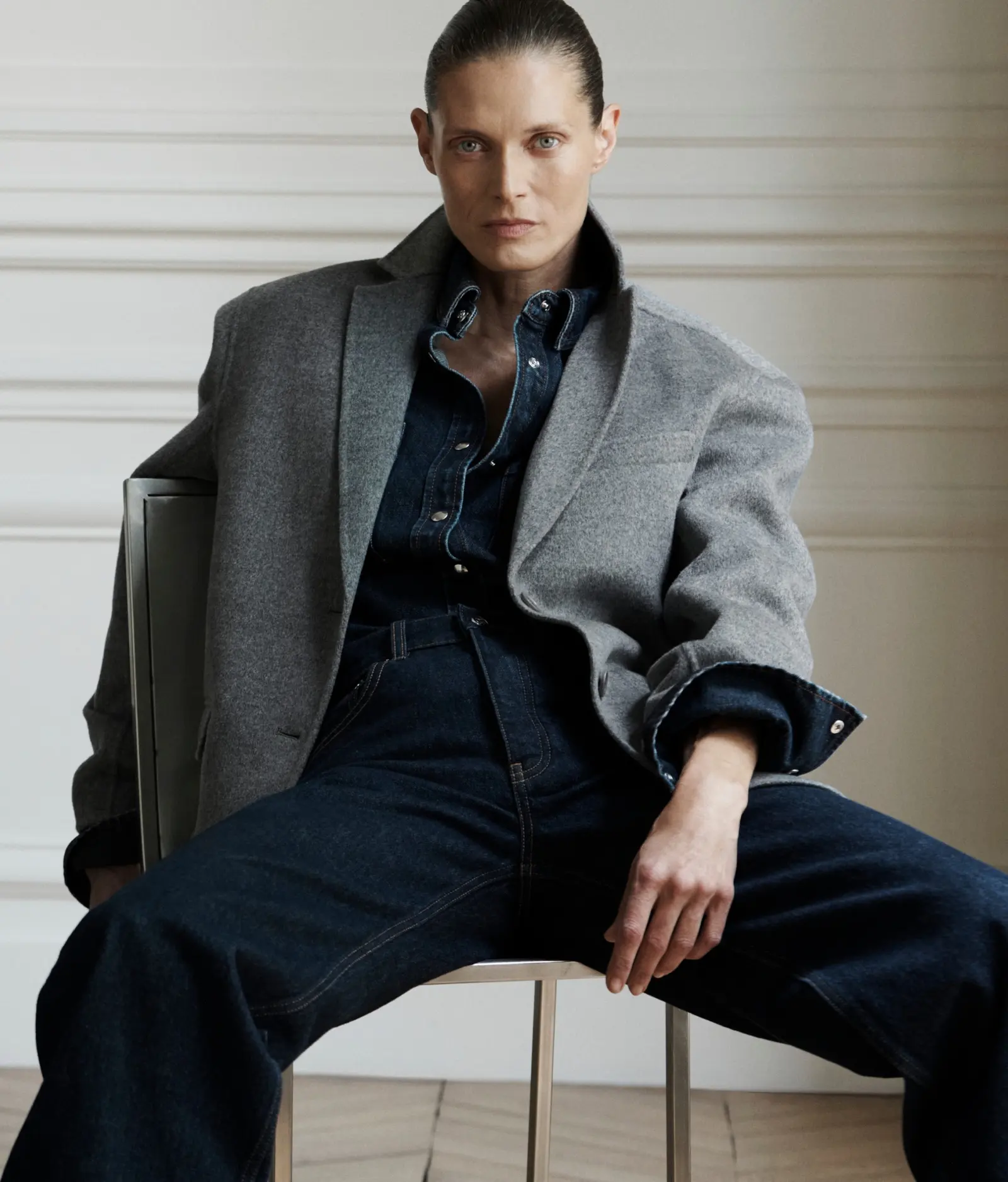 An Anine Bing grey blazer with dark denim
