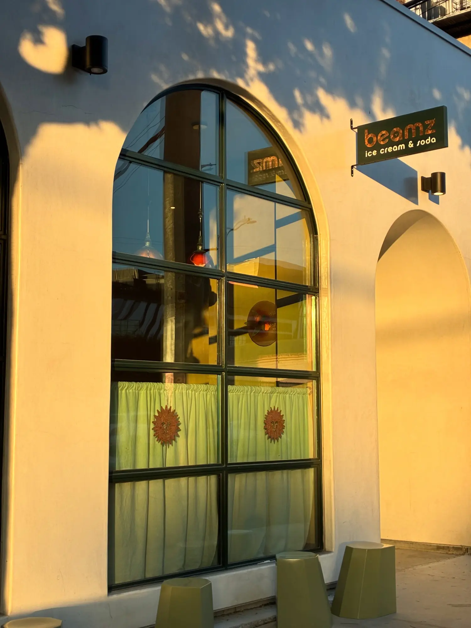 The Beamz ice cream storefront at Signal, an arched window at golden hour