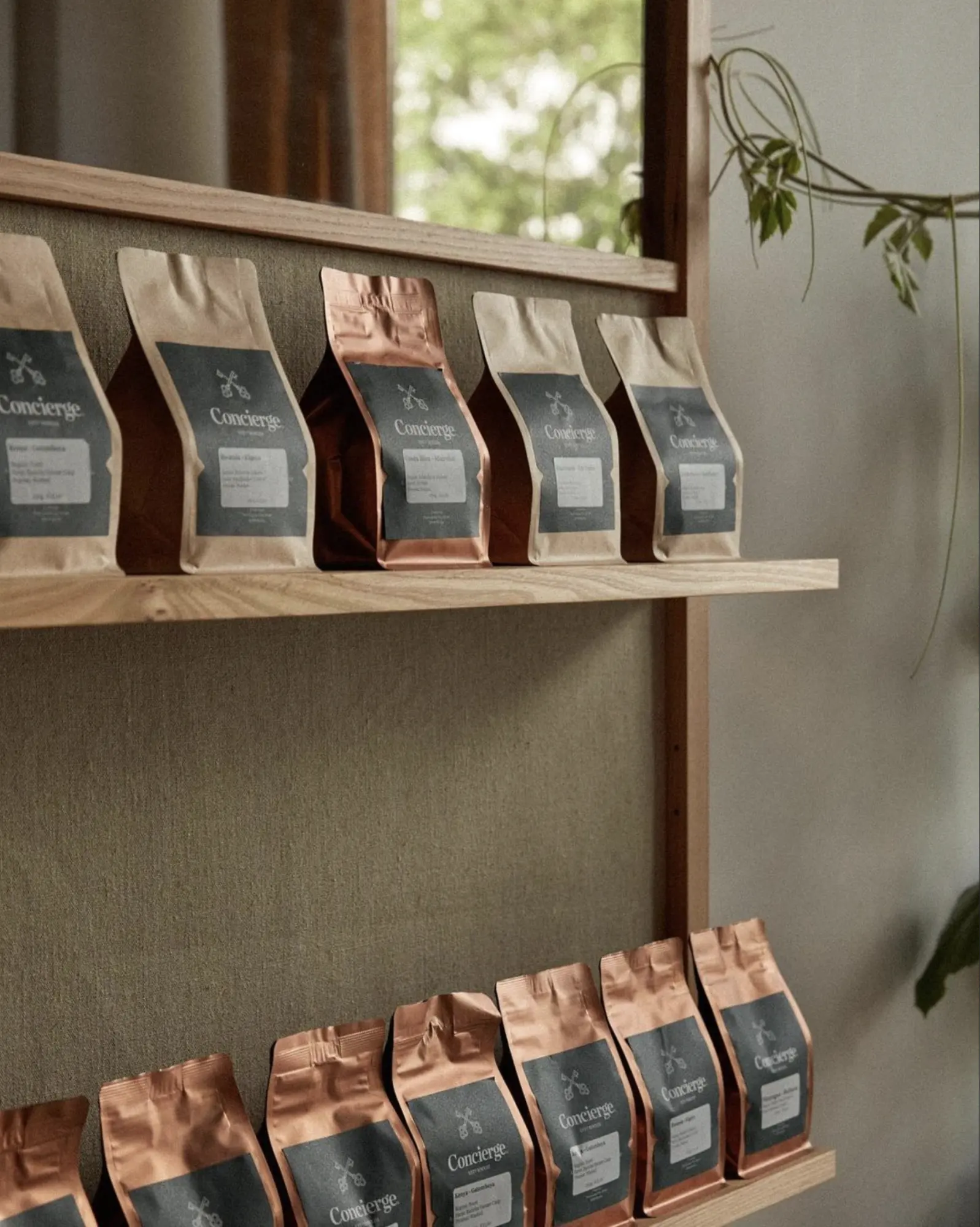 Concierge Coffee bags on a shelf by the window