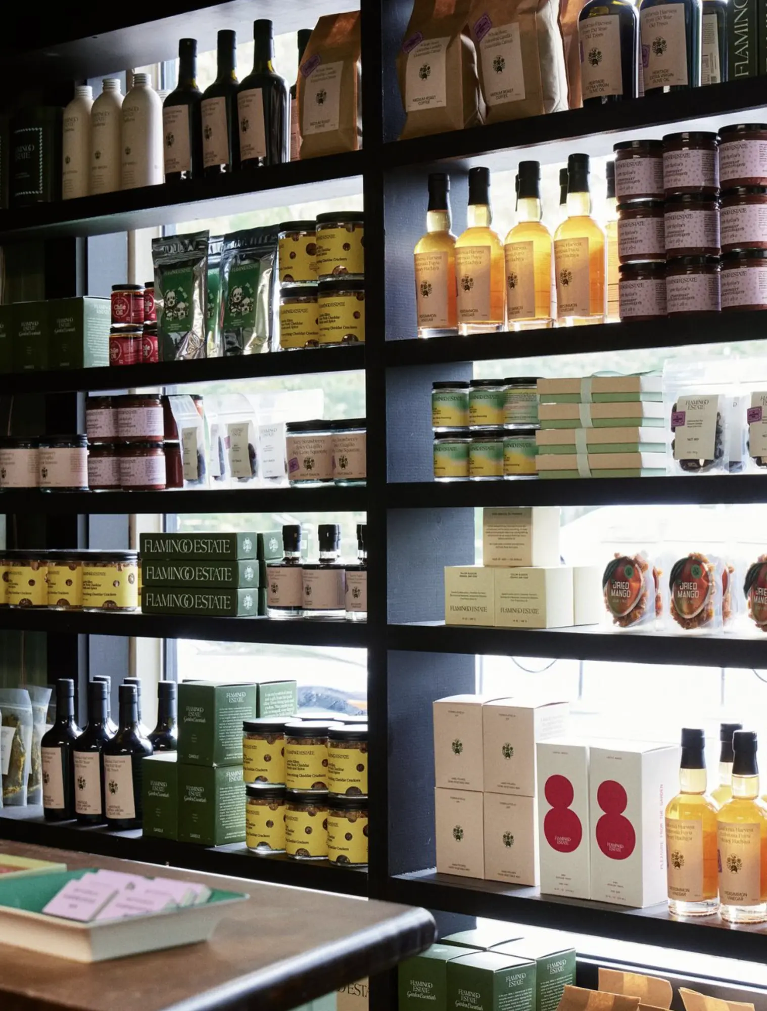 Shelves of Flamingo Estate heritage goods