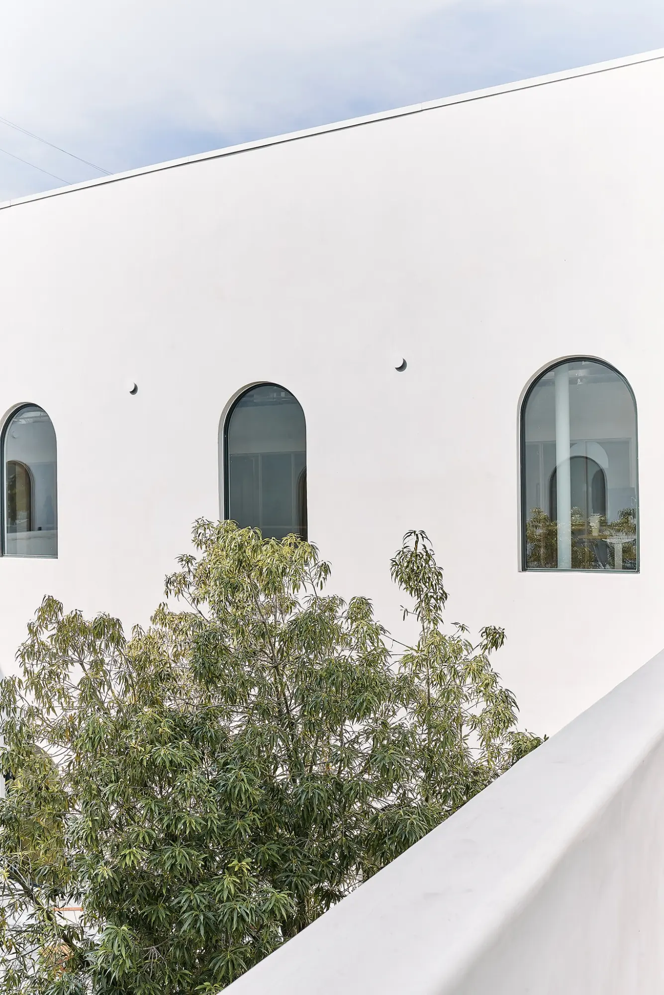 Arched windows and a tree from the Greycroft terrace at Signal
